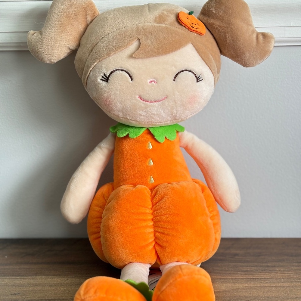 GLOVELEYA Plush Doll Orange PUMPKIN HALLOWEEN Baby Girl SUPER SOFT Toy 14.5"